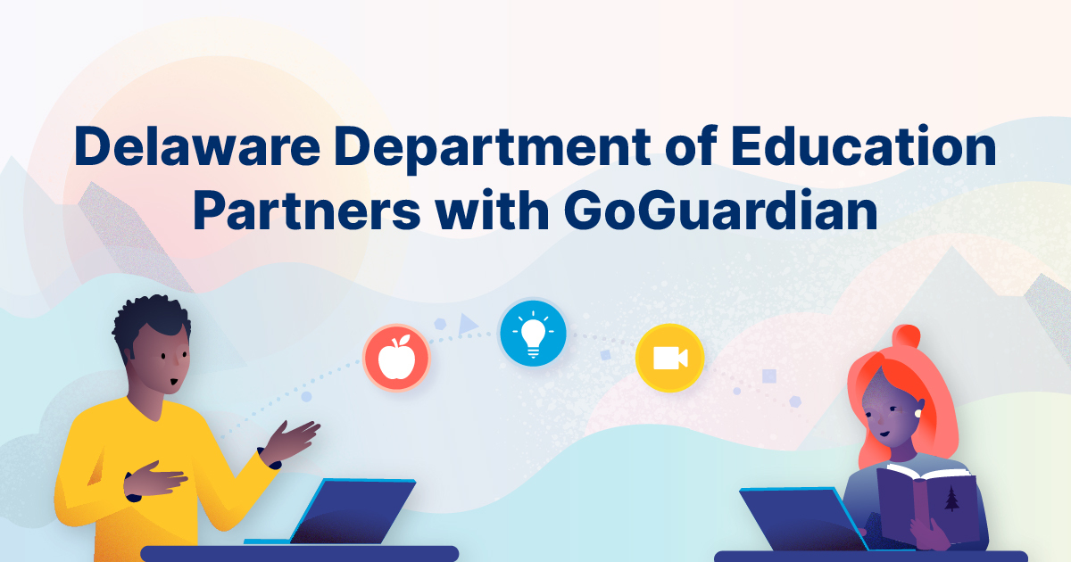 An illustration of two students on their laptops with the words "Delaware Department of Education Partners with GoGuardian"