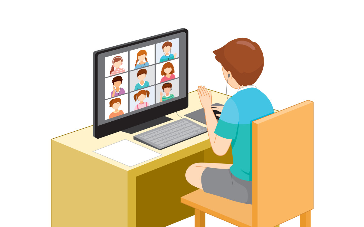 An illustration of a student waving at those he's video chatting with on a computer screen