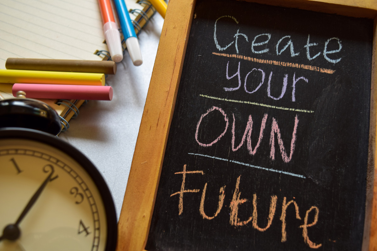 A chalk board with the words "Create your own future" written on it