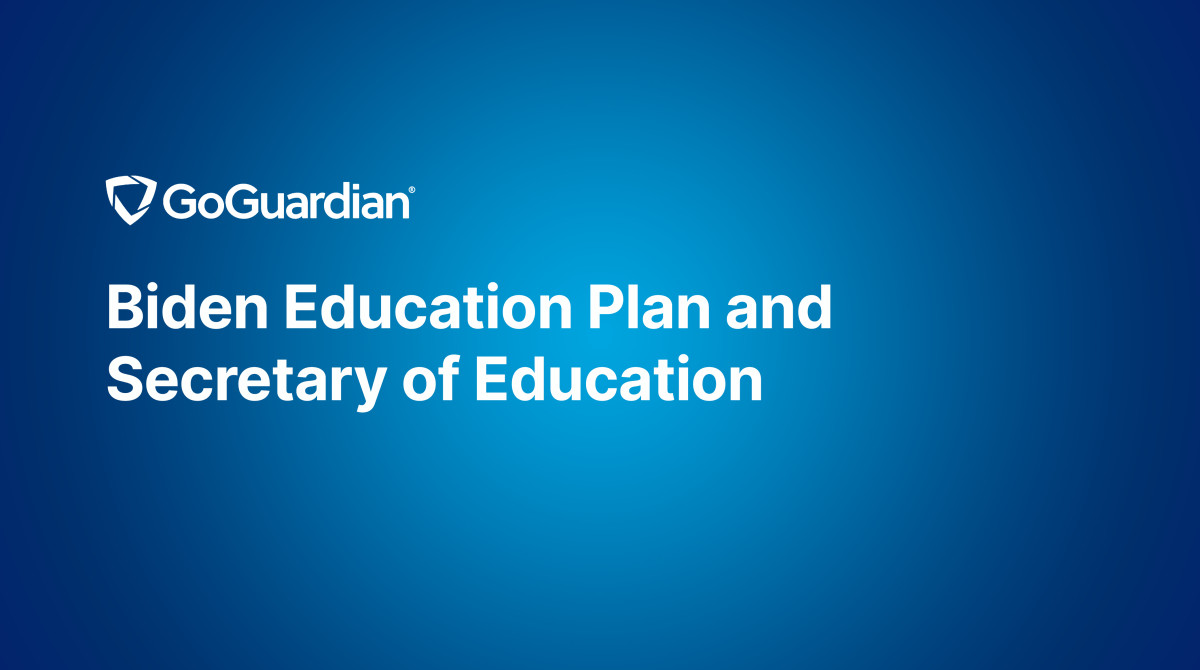 The words "Biden Education Plan and Secretary of Education" on a dark blue background