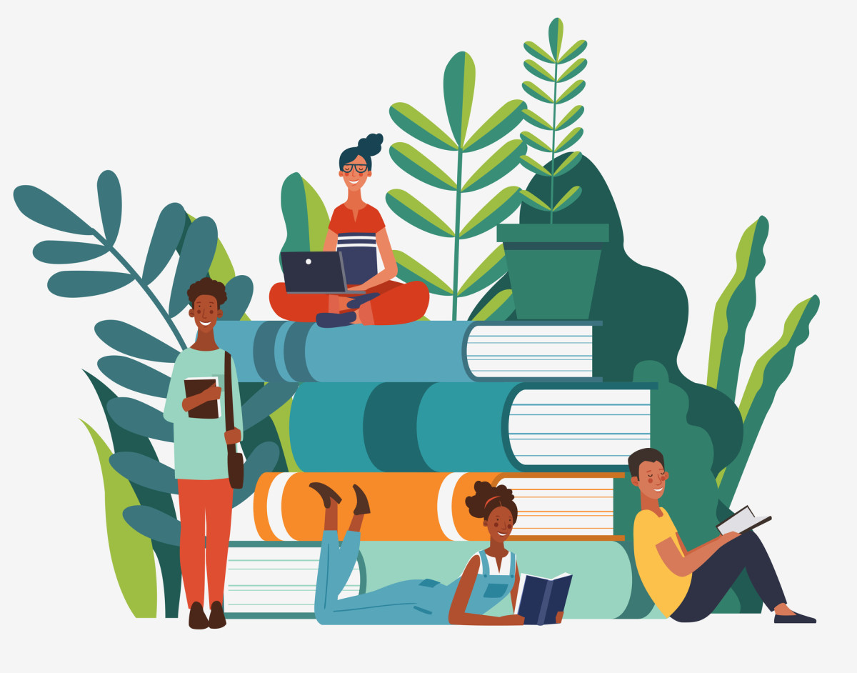 An illustration of students sitting on top of and around a stack of books