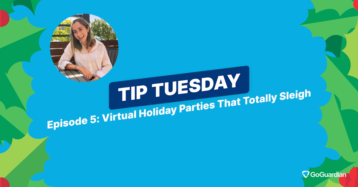 A photo of a smiling woman next to the words: Tip Tuesday: Episode 5 - Virtual Holiday Parties That Totally Sleigh