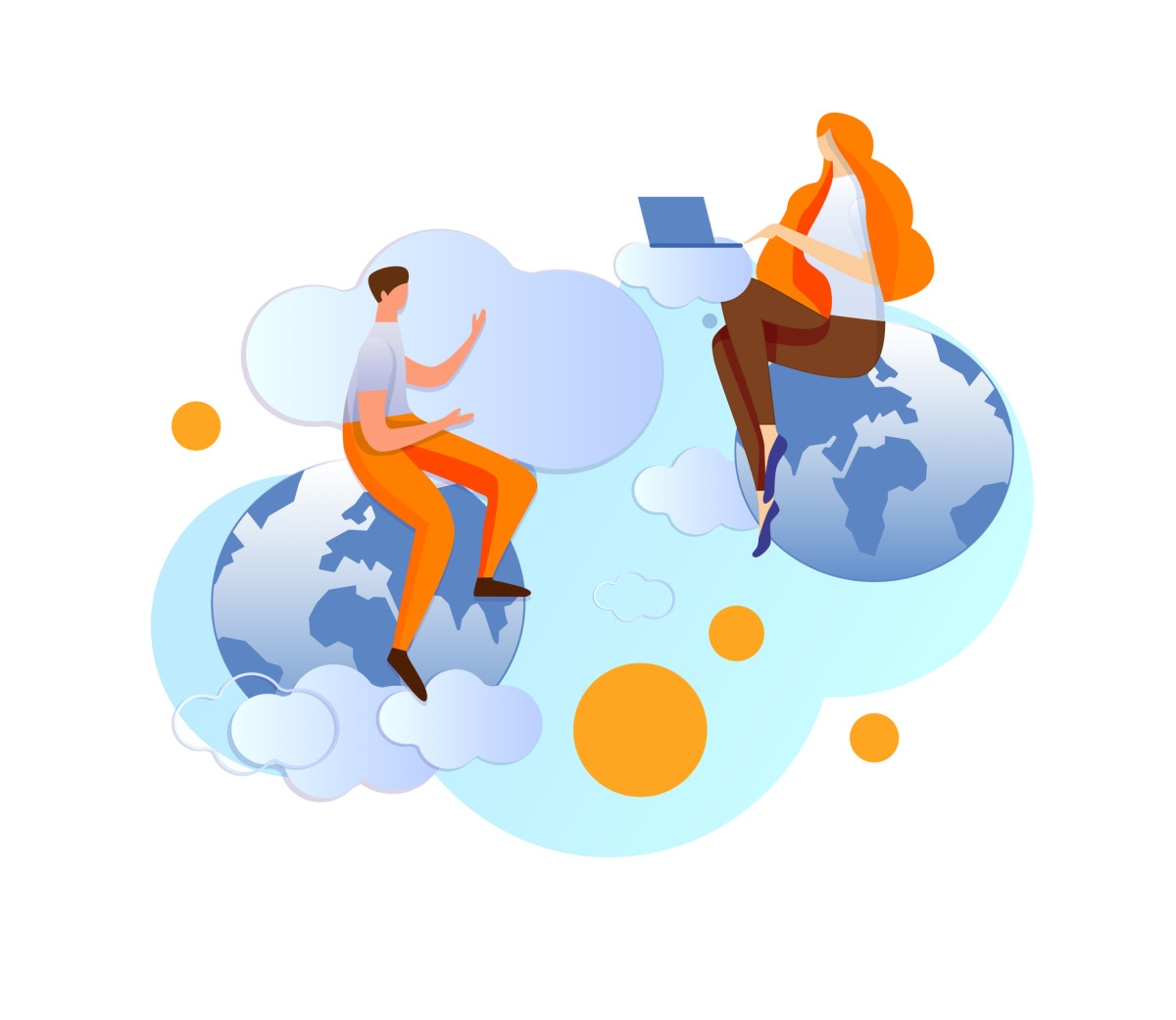 An illustration of two people sitting on globes