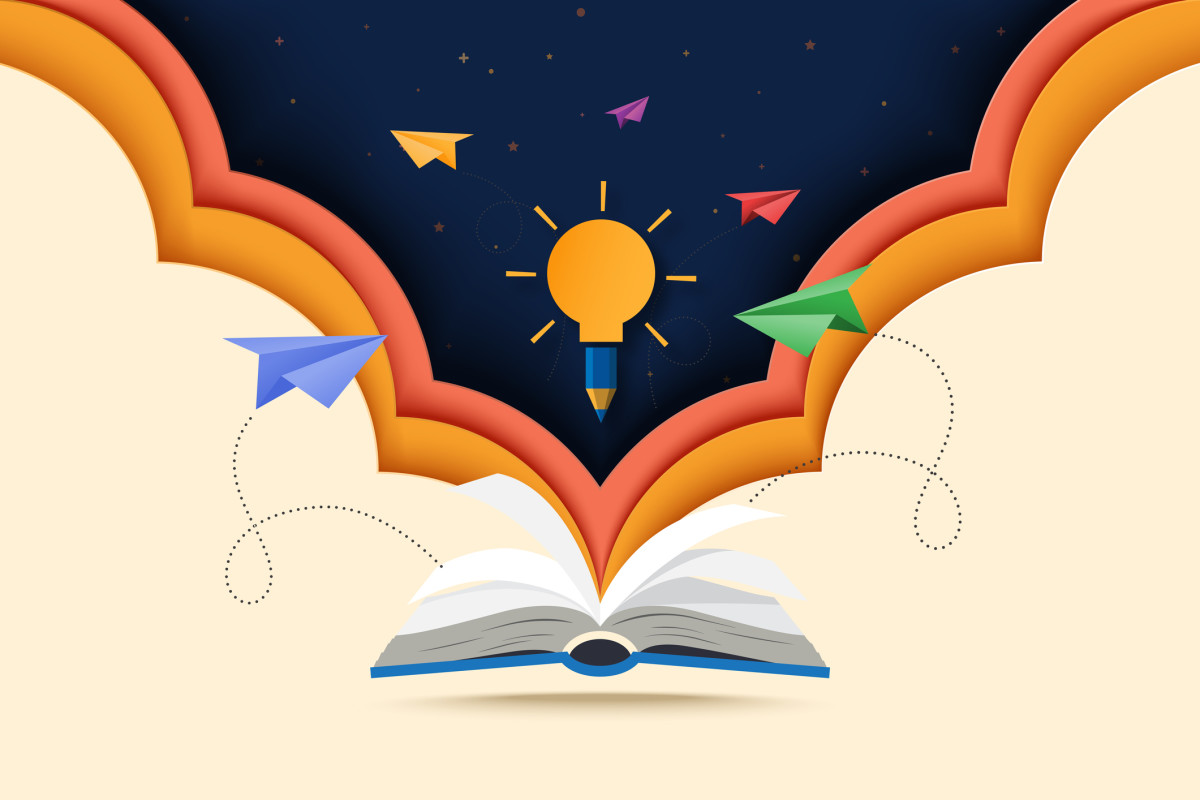 An illustration of an open book with paper airplanes and a lightbulb popping out of it