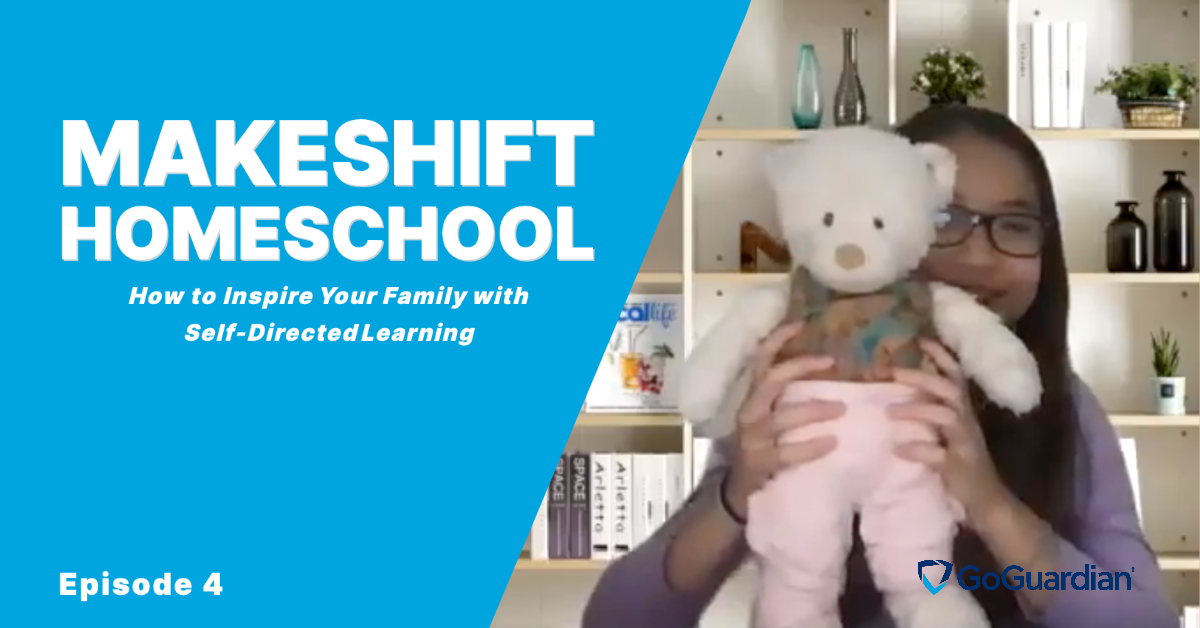 A screenshot of a student on a video call next to the words "Makeshift HomeSchool: How to Inspire Your Family with Self-Directed Learning"