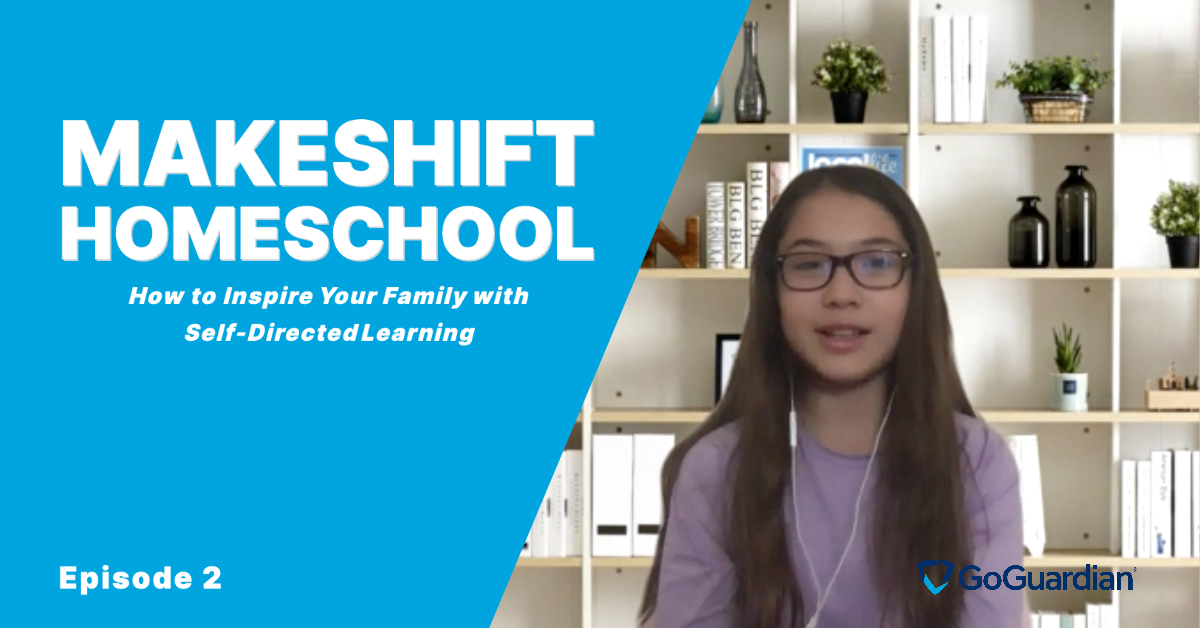 A screenshot of a student on a video call next to the words "Makeshift HomeSchool: How to Inspire Your Family with Self-Directed Learning"