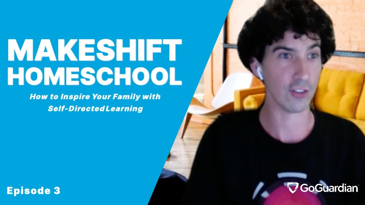 A screenshot of a person video chatting next to the words "Makeshift Homeschool: How to Inspire Your Family with Self-Directed Learning"