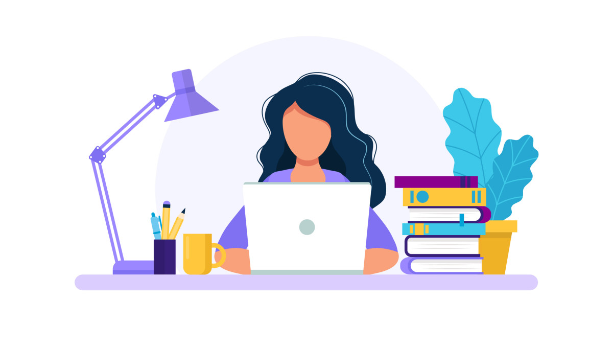 An illustration of a woman on a laptop surrounded by books and a desk lamp