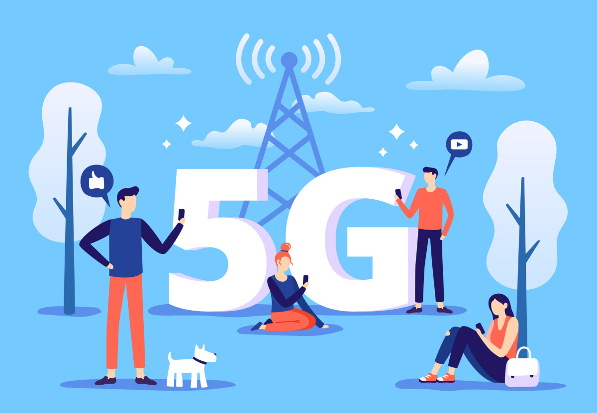 Illustration of people on a phone outside with a cell tower and "5G"