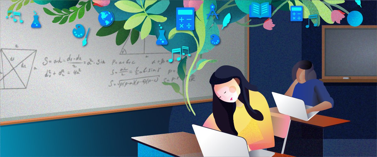 An illustration of students sitting in a classroom on their laptops