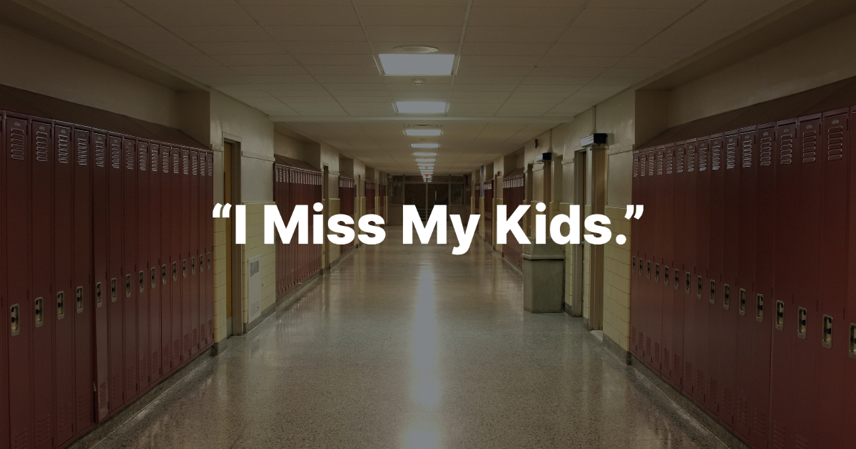 An empty hallway with the words "I miss my kids" overlaid