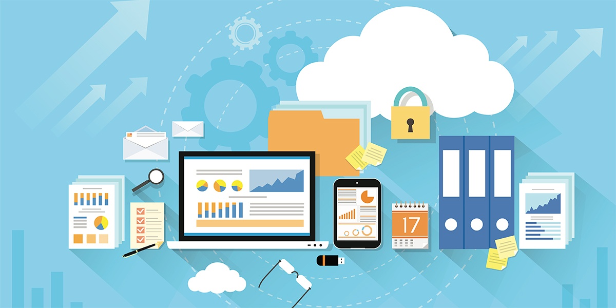 An illustration of several tech devices with a calendar and files