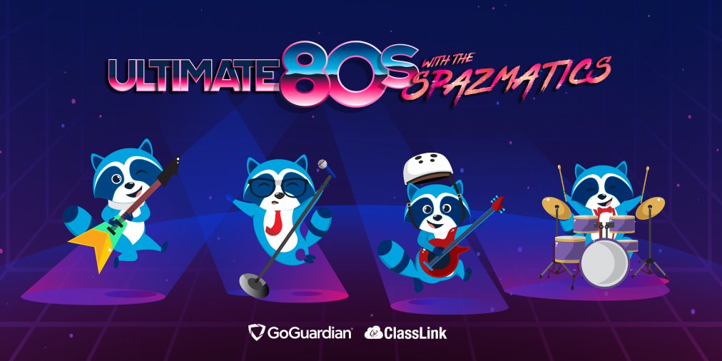 An illustration of a band of raccoons playing instruments next to the title Ultimate 80s with the Spazmatics