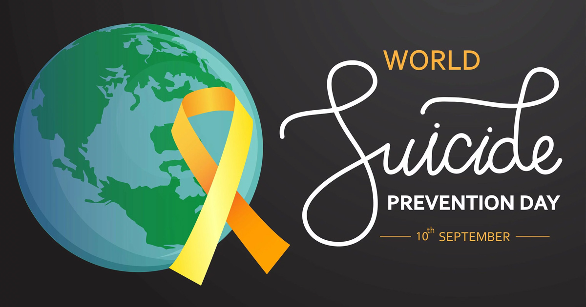 An illustration of the globe next to a yellow awareness ribbon next to the words "World Suicide Prevention Day - September 10"