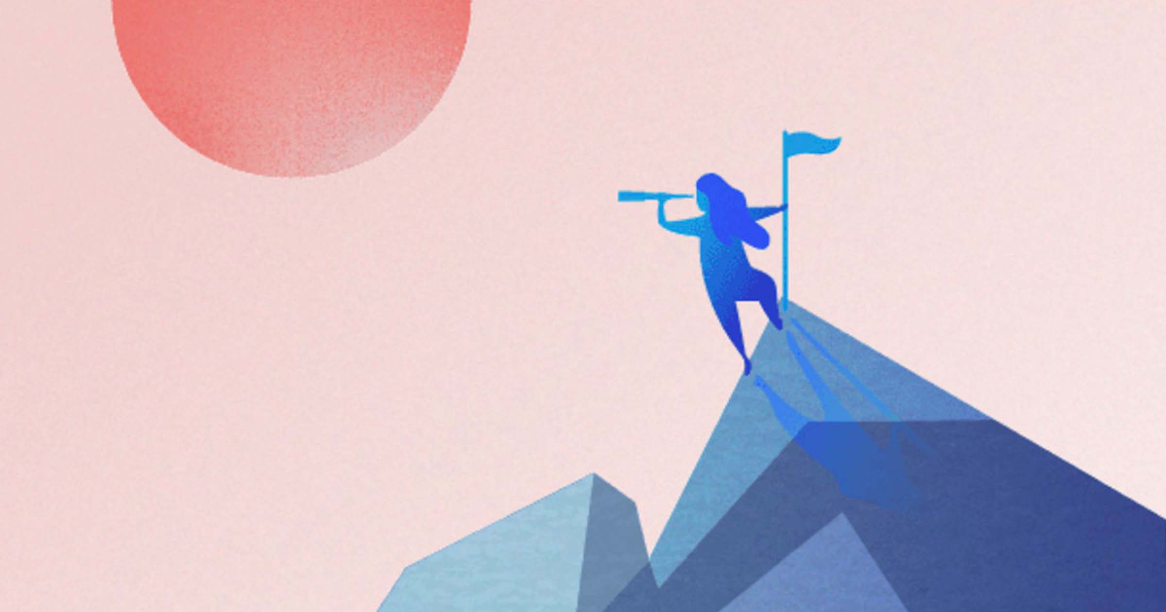 An illustration of a person standing on top of a mountain with a flag and binoculars 