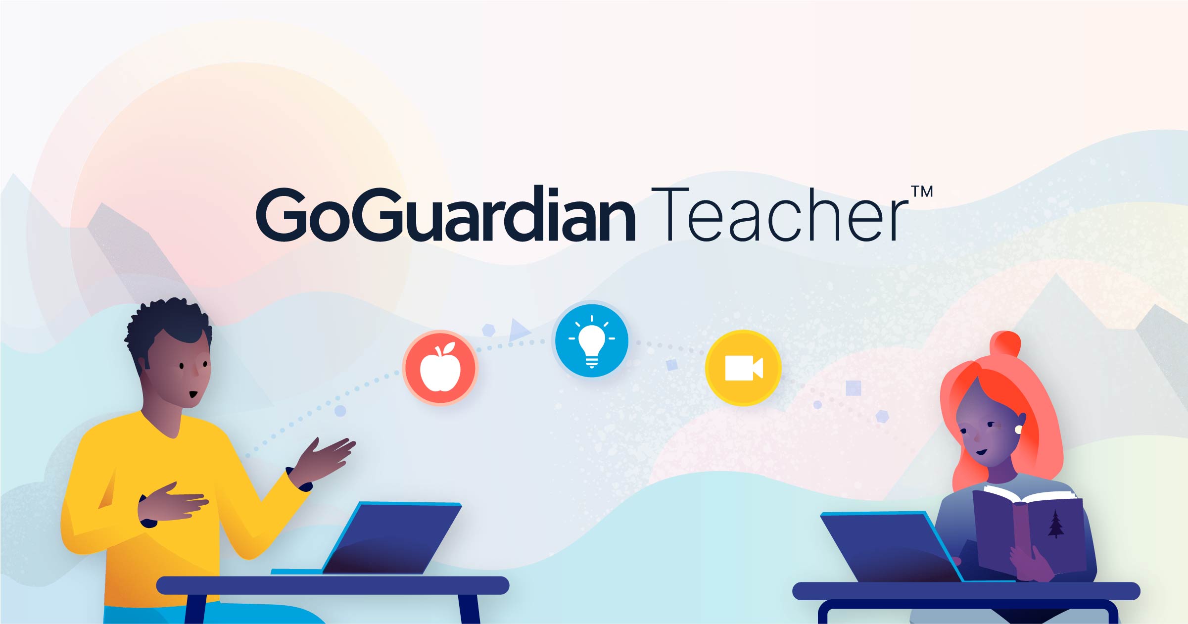 GoGuardian Teacher with an illustration of two students working at computers and interacting over different applications