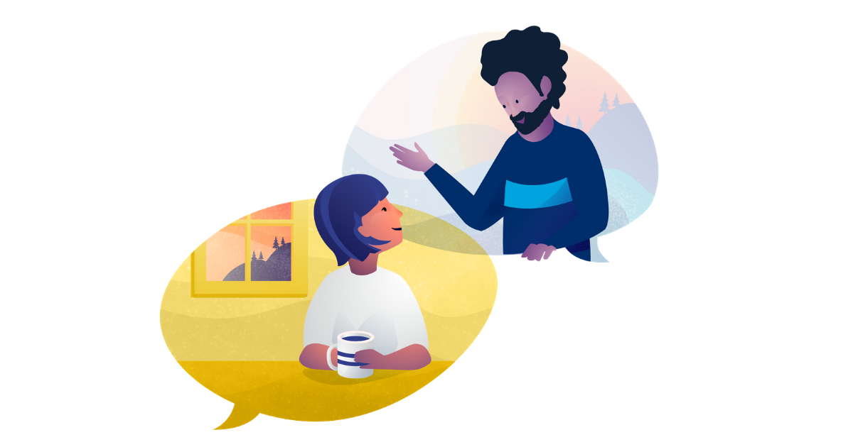 An illustration of two adults in speech bubbles talking to one another