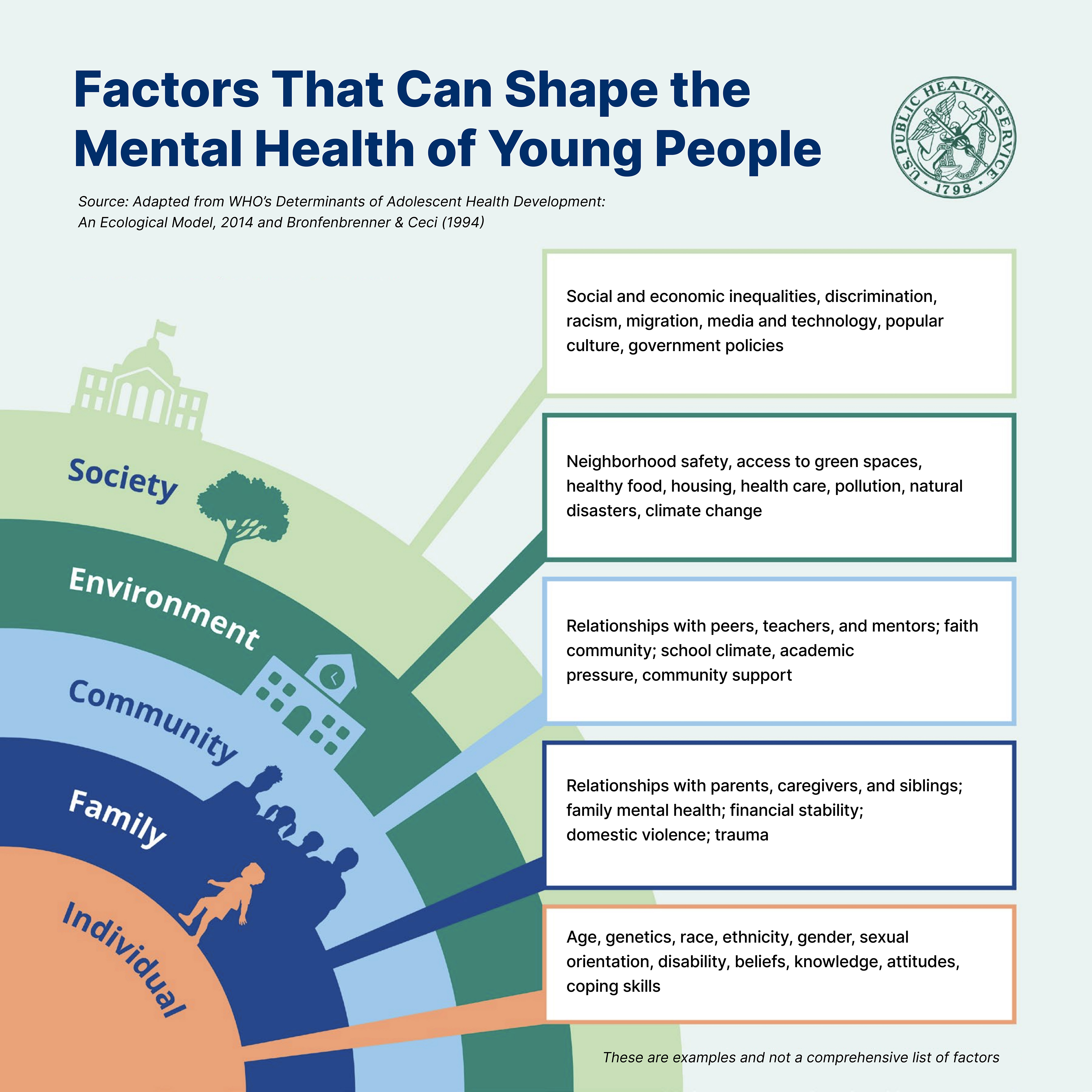 Factors that can share the mental health of young people (in order) "Family" "Community" "Environment" "Society" 