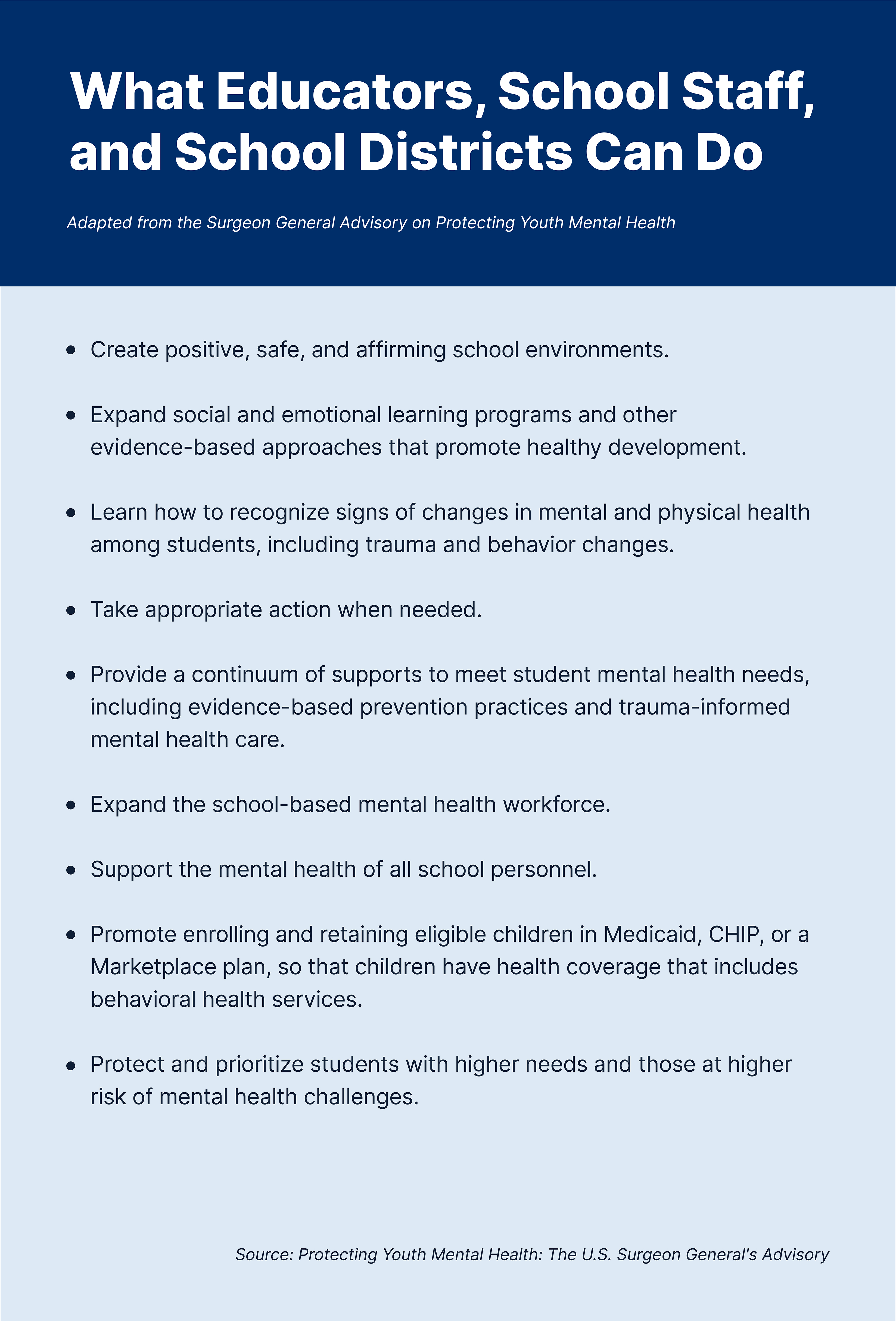 What Educators, School Staff, and School Districts Can Do "Create positive, safe, and affrming school environments, exand SEL programs, recognize signs of changes in mental and physical health, take appropriate action, provide a continuum of supports, support mental health of all school personnel, promote enrolling elgible students in Medicaid, CHIP, or Marketplace plans, protect and prioritize sudents at highest risk 