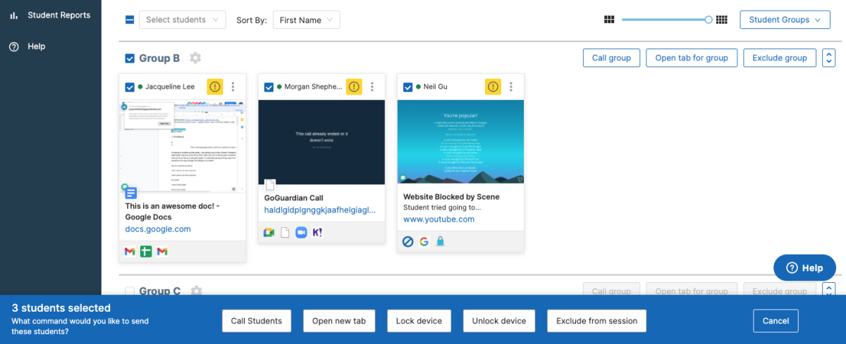 A screenshot of student grouping interactions and commands