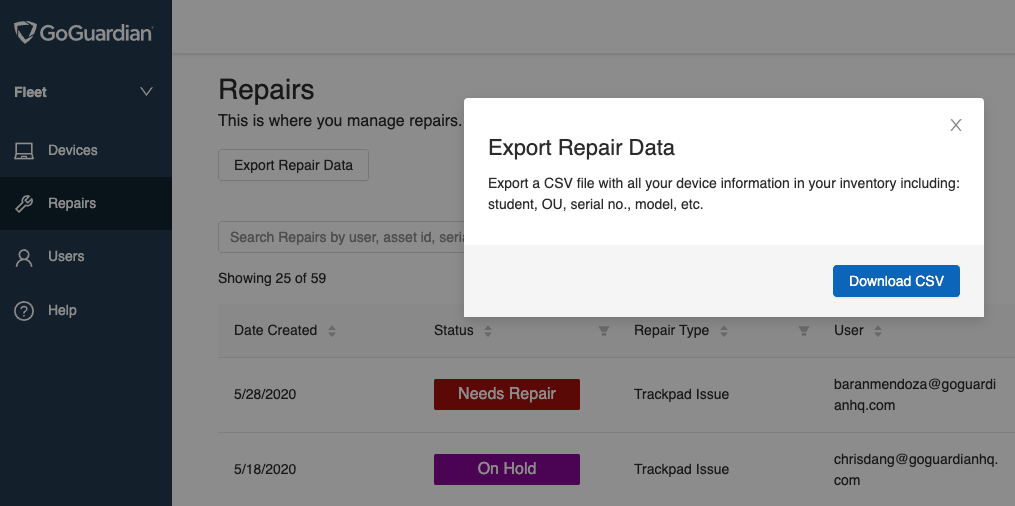 Fleet - export repair data