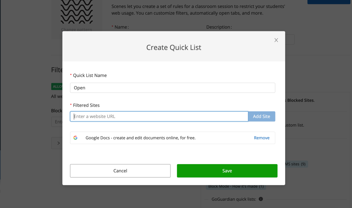 A screenshot of the Create Quick List screen