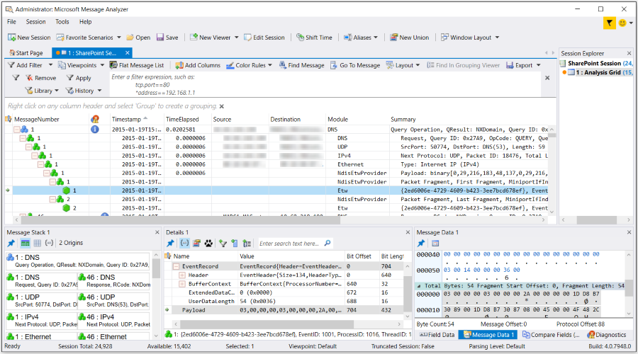 A screen capture of the Microsoft Message Analyzer interface.