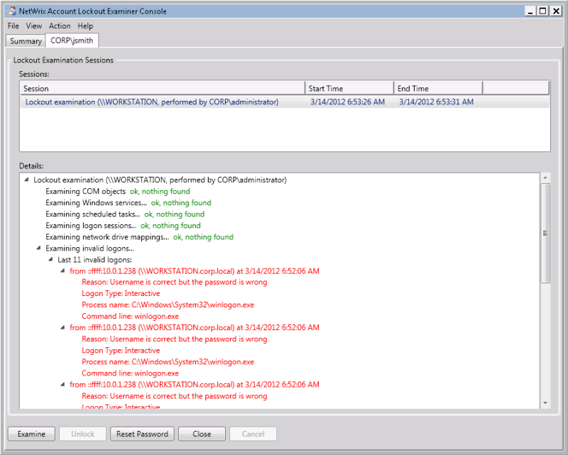 A screen capture of the Netwrix LockoutExaminer interface.