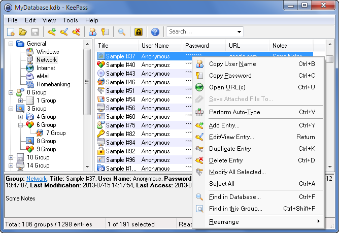 A screen capture of the Keepass interface.