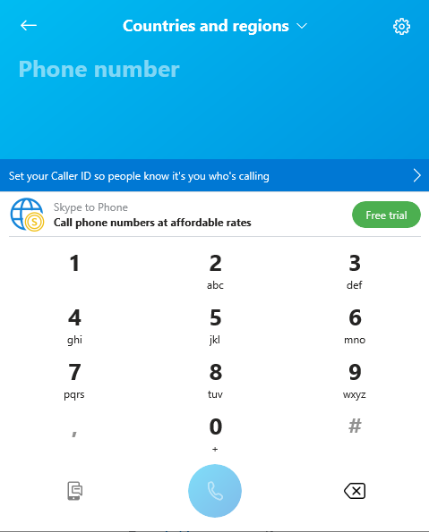 The Skype phone number dial screen.