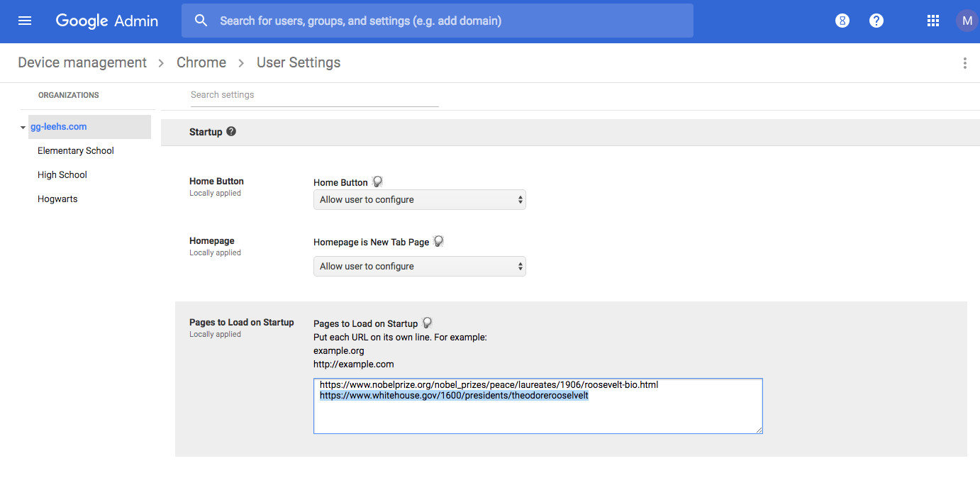 The Google Admin Console screen that shows which pages will load on startup.