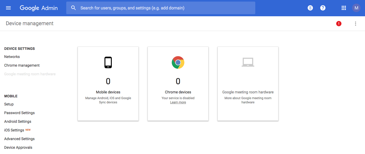 The Google Admin Consol Device Management screen that lists numbers of mobile devices and Chrome devices.