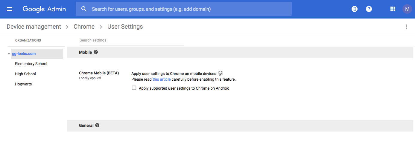 Chrome User Settings (Mobile) on Google Admin Console.
