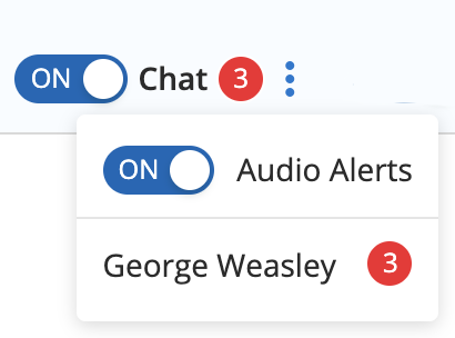 The "on" button is marked for Chat. "On" is also marked for Audio Alerts