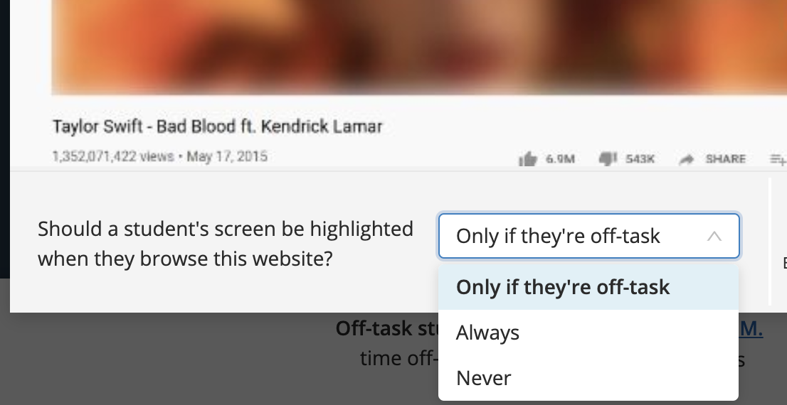 A drop down window shows "only if they're off-task" highlighted