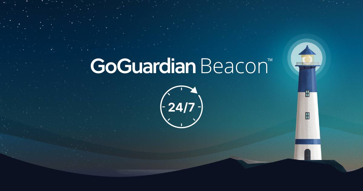 An illustration of a lighthouse on a starry background with the words GoGuardian Beacon 24/7 next to it