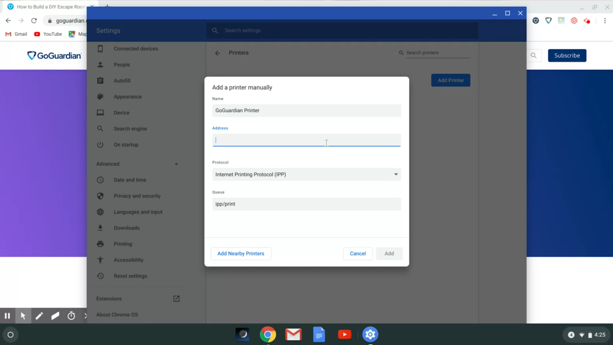 A Chromebook menu reads "Add a printer manually."