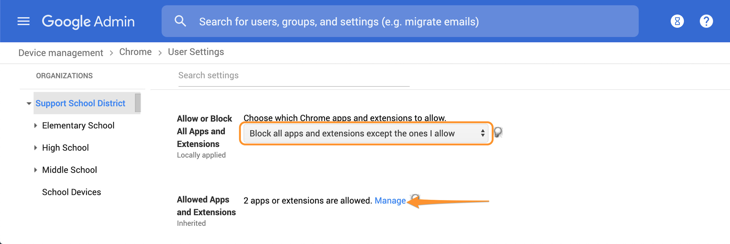 GAC -- Choose which Chrome apps and extensions to allow -> Block all apps and extensions except the ones I allow. Arrow pointing to Manage