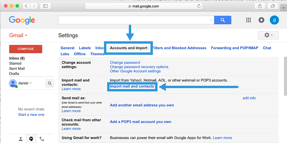 A Gmail settings menu has "Accounts and Import" and "Import mail and contacts" highlighted.