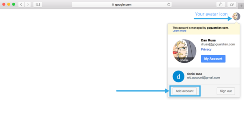 A Google avatar is shown, with a drop down menu that has "Add Account" highlighted.