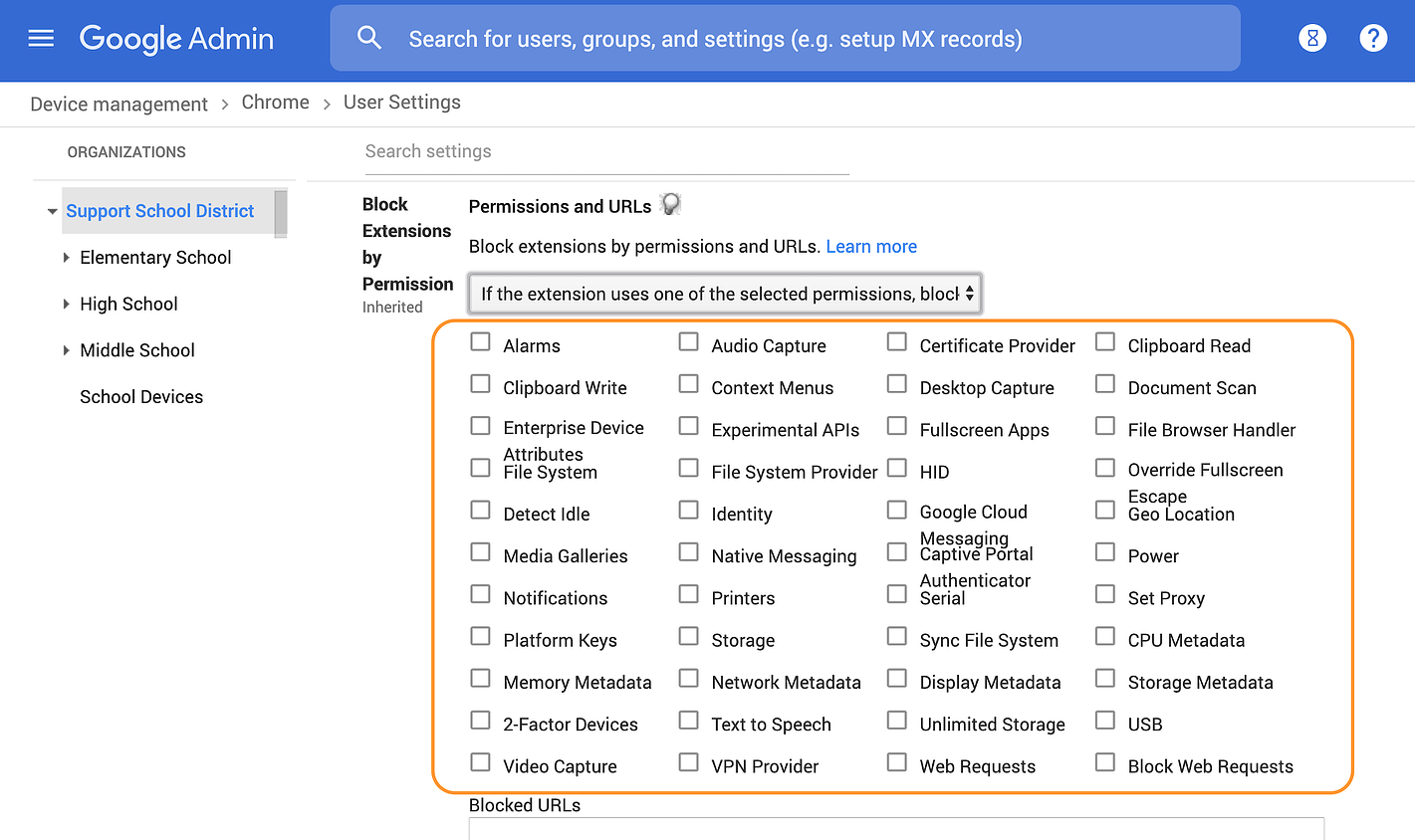 Googel Admin console with extension permissions circled