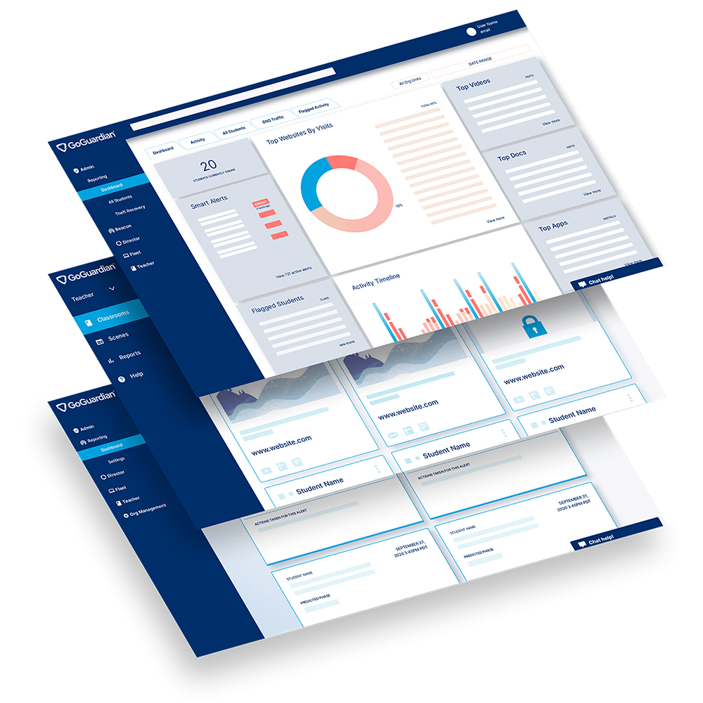 Stack of 3 GoGuardian product UI screens