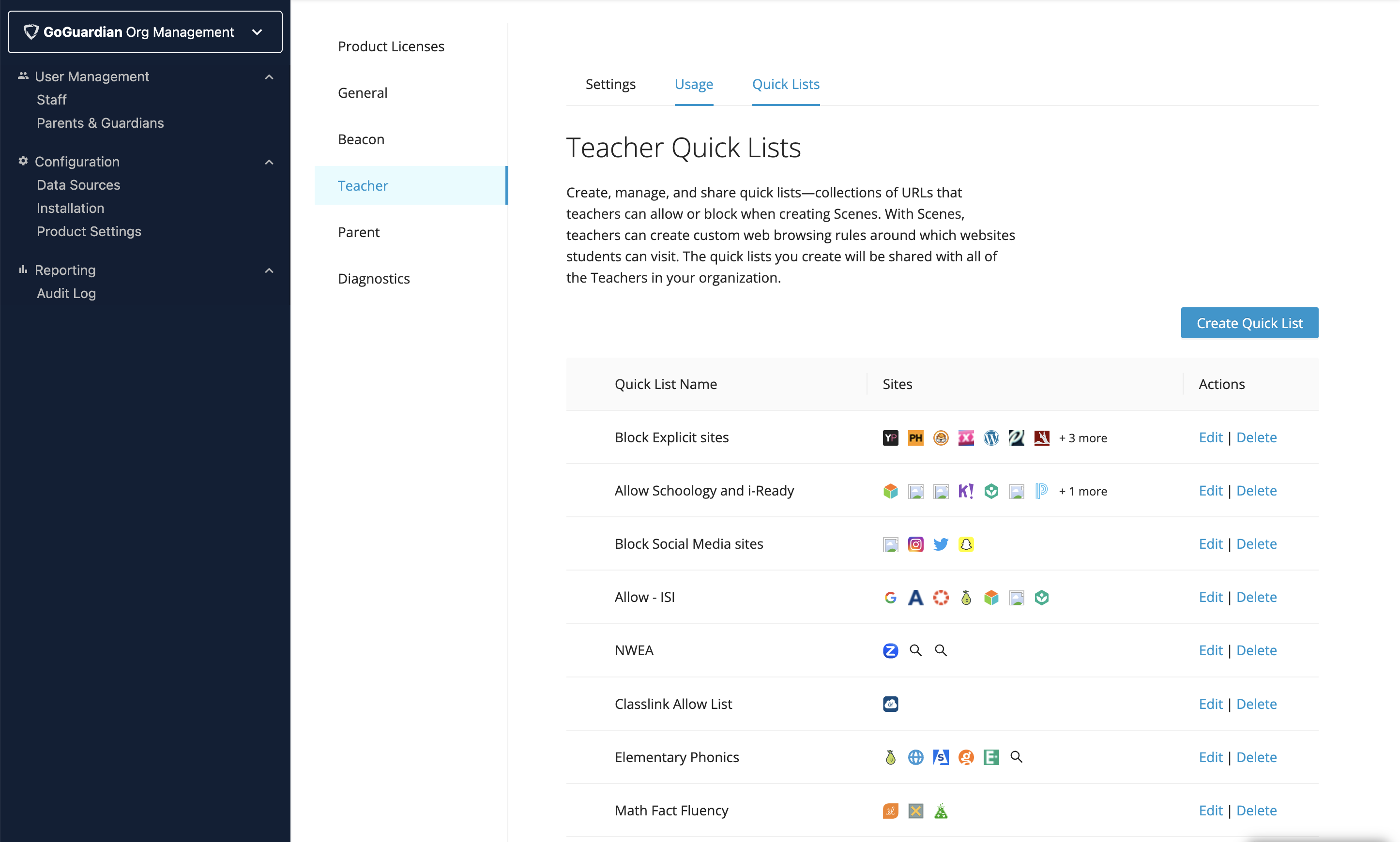 The GoGuardian Teacher Quick Lists page