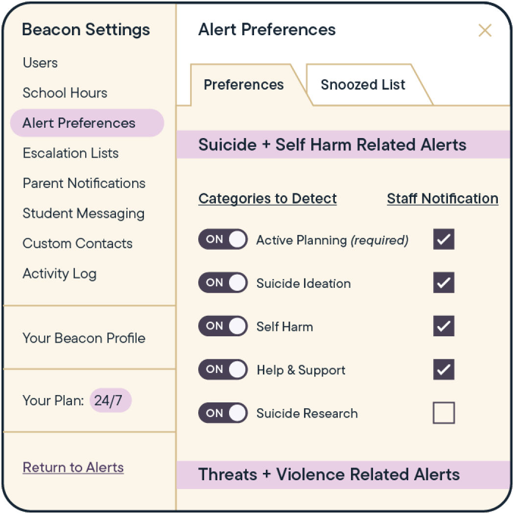 GoGuardian Beacon Mock Up showing Alert Preferences