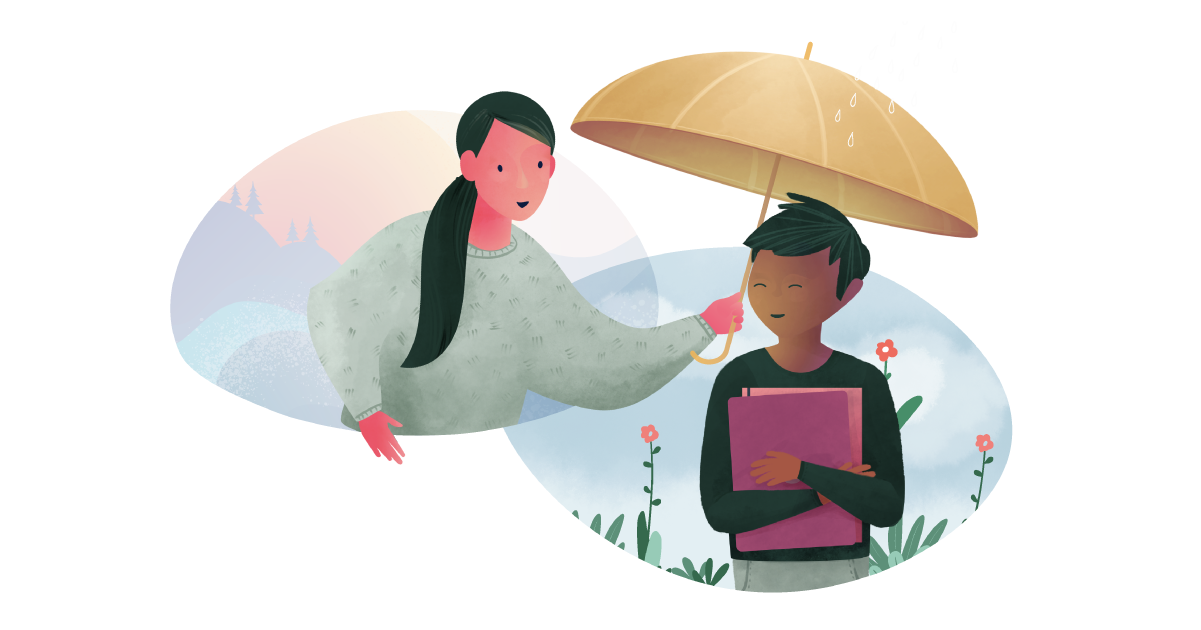 An illustration of a teacher holding an umbrella over a student