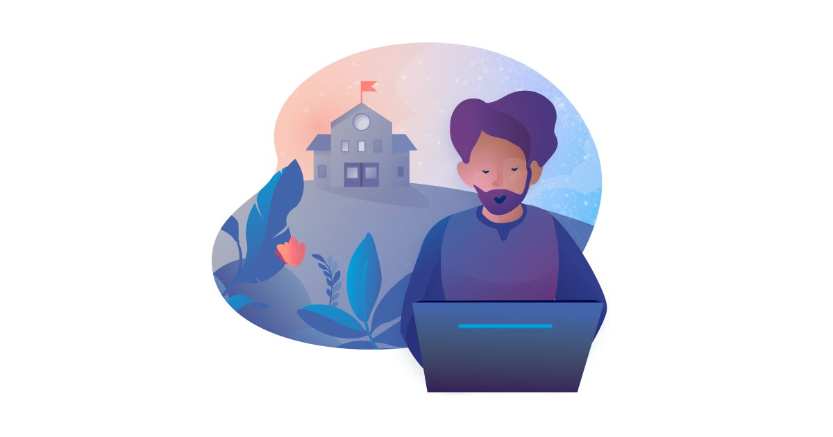 An illustration of a person at their laptop with a school house in the background